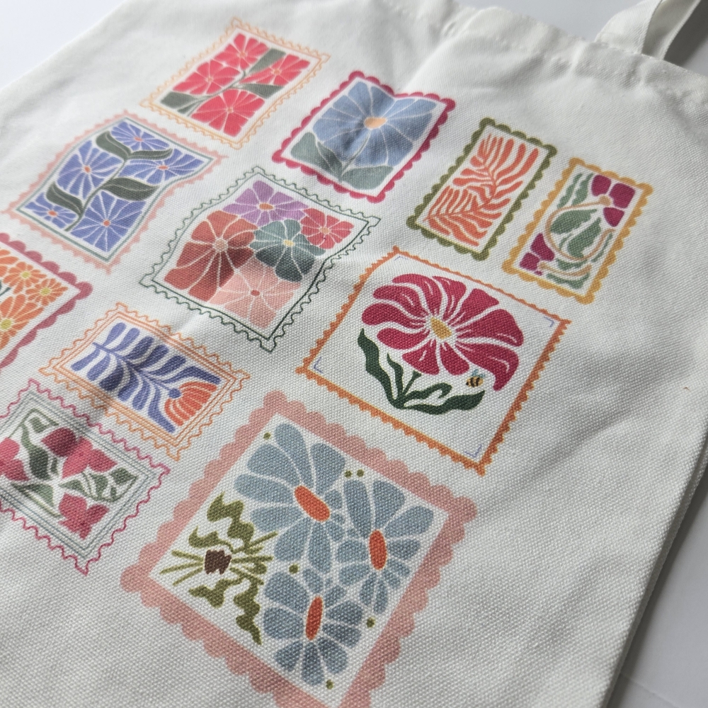 Vintage Style Floral Postage Stamp Canvas Tote Bag - Aesthetic Botanical Grid - Picture 2 of 4